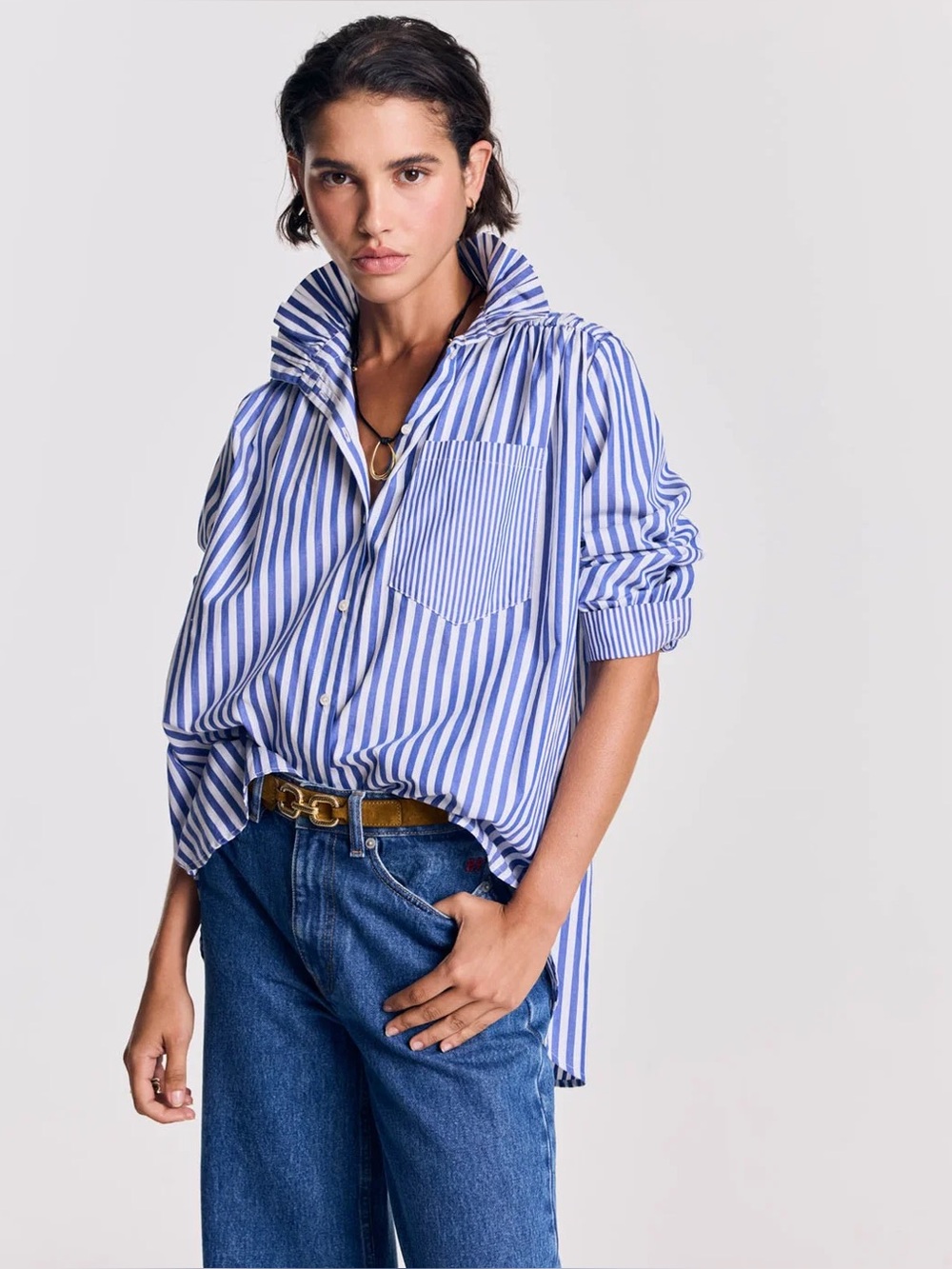 Balzac Paris Leonor Stripped Blue & White Striped  Button Down Shirt Size 44 /XL